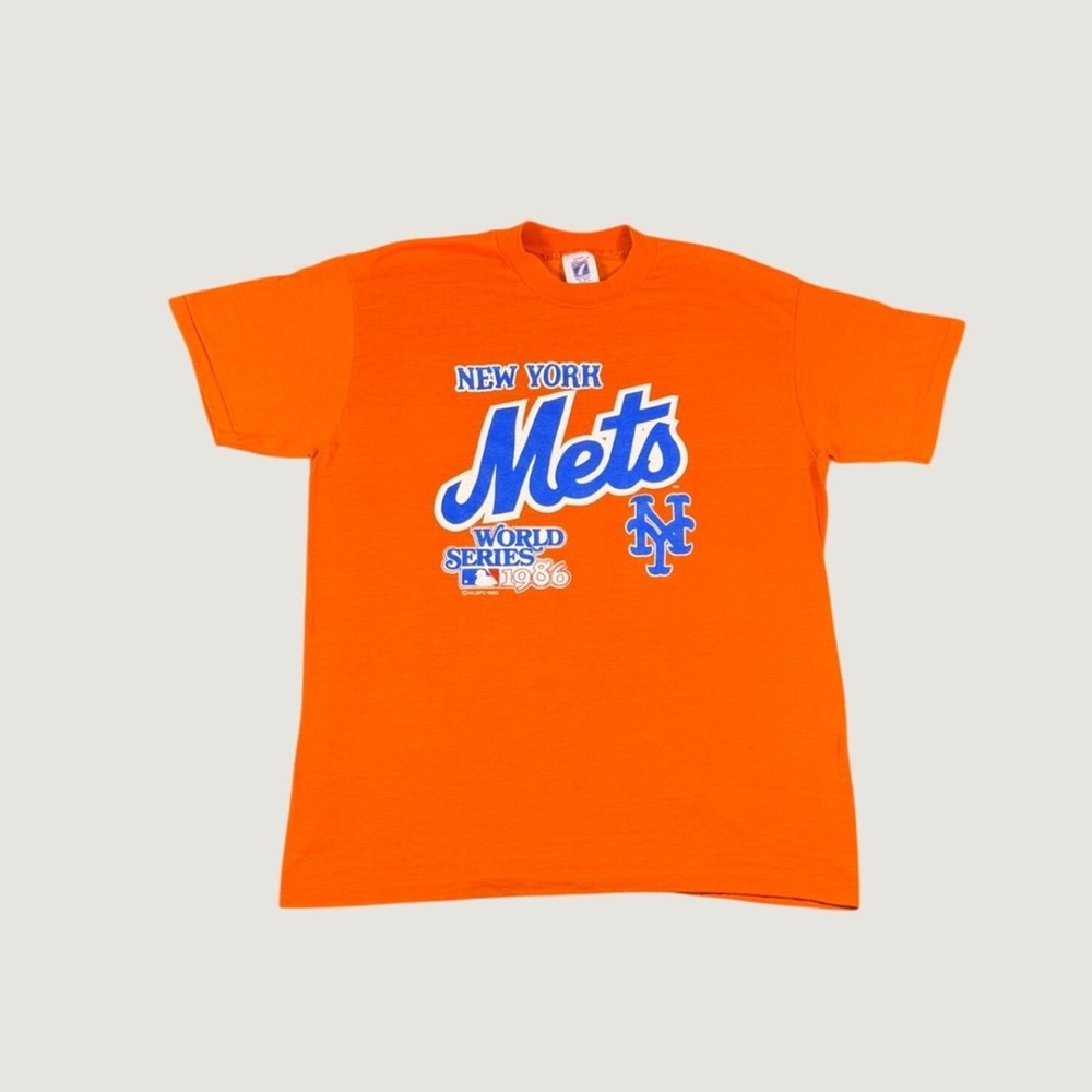 Vintage Logo 7 New York Mets 1986 World Series T-Shirt Orange Mens Large USA